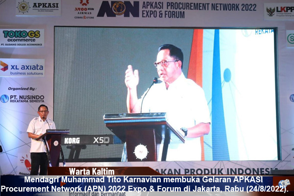 Menteri Dalam Negeri (Mendagri) Muhammad Tito Karnavian, APKASI Procurement Network (APN) 2022 Expo & Forum di Jakarta, Rabu (24/8/2022).